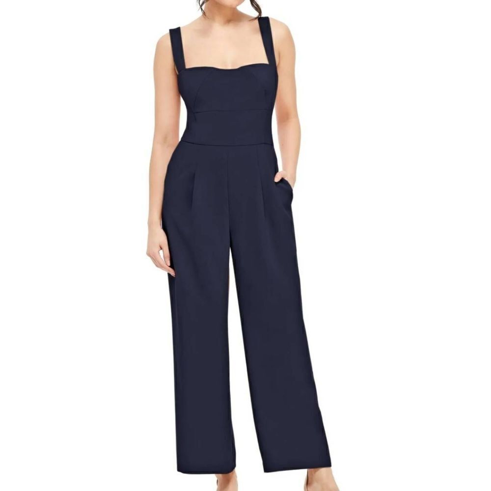 NWT GAL MEETS GLAM Navy Blue Nicole Sweetheart Square Neck Crop Pants Jumpsuit s